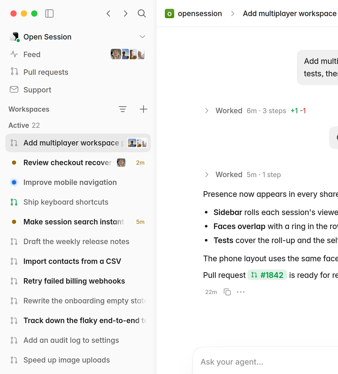 Open Session’s sidebar showing several teammates viewing shared workspaces.