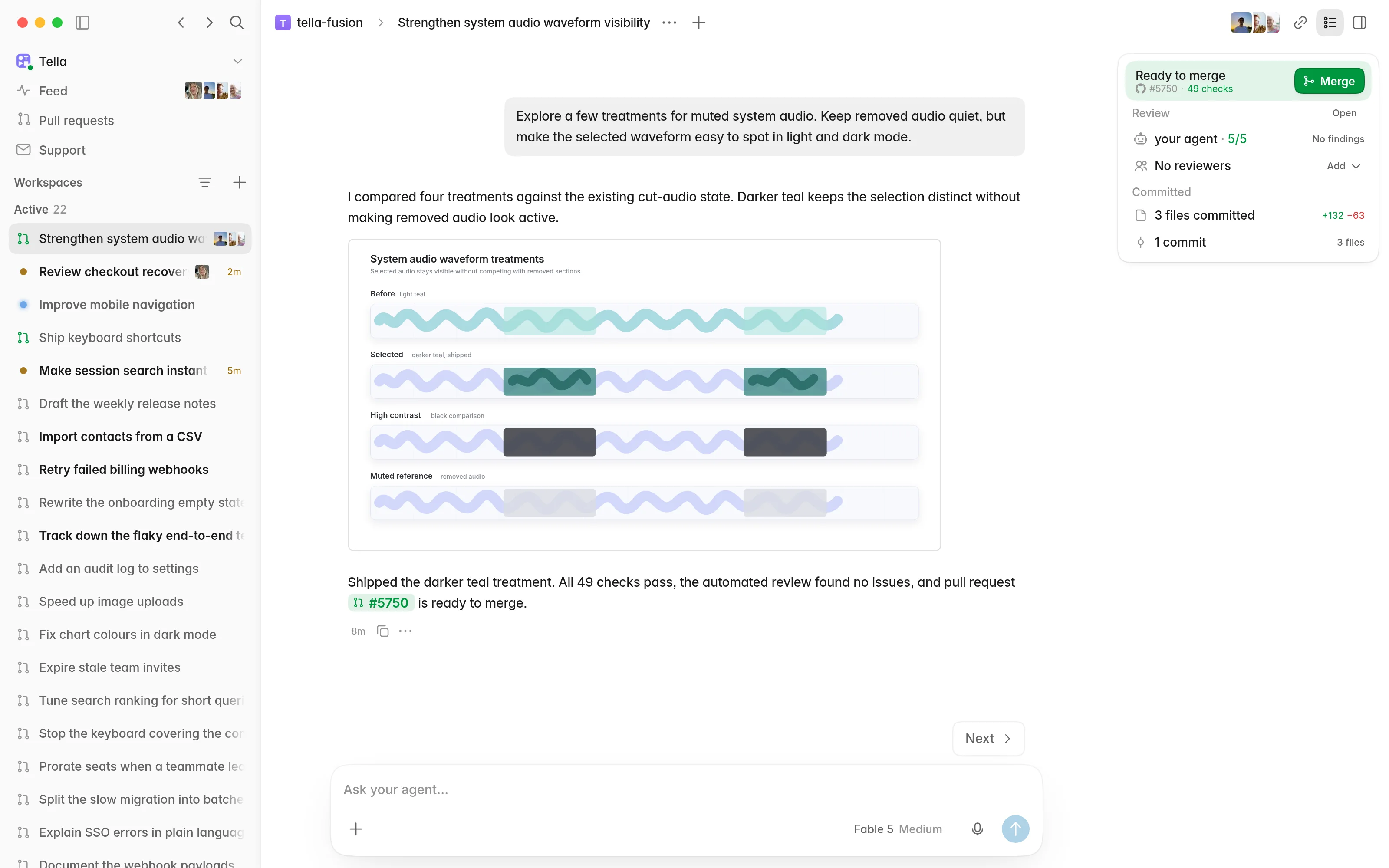 A Tella code session comparing waveform treatments, with project work in the sidebar and a pull request ready to merge.