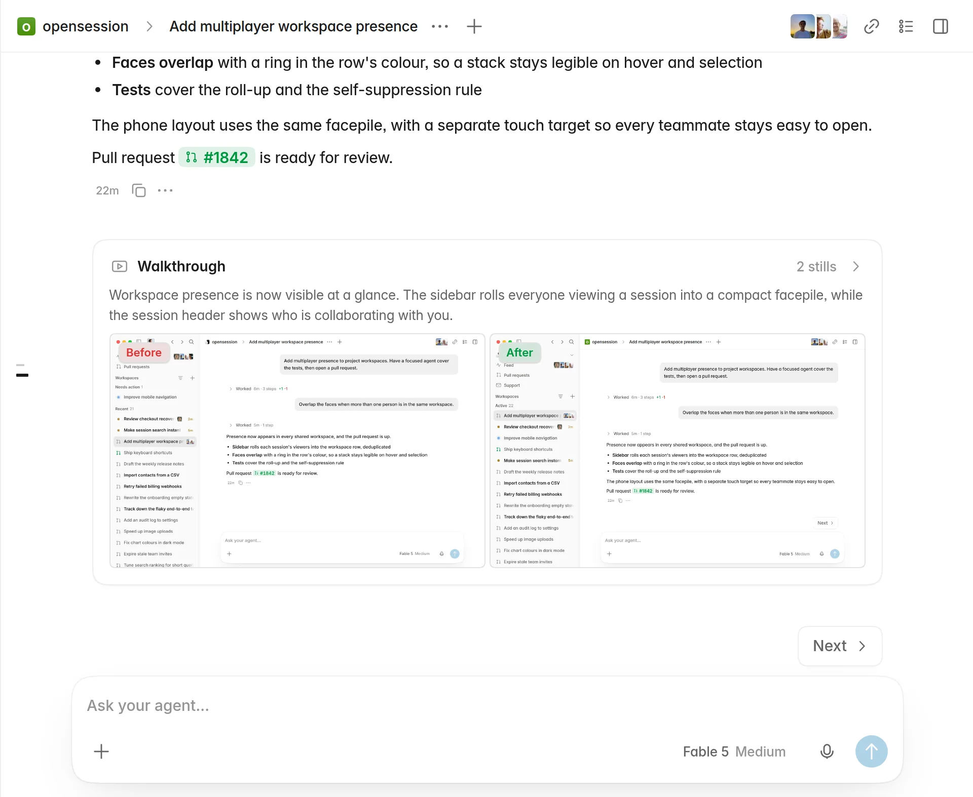 A completed Open Session walkthrough with a written summary and a screenshot of the shipped change.