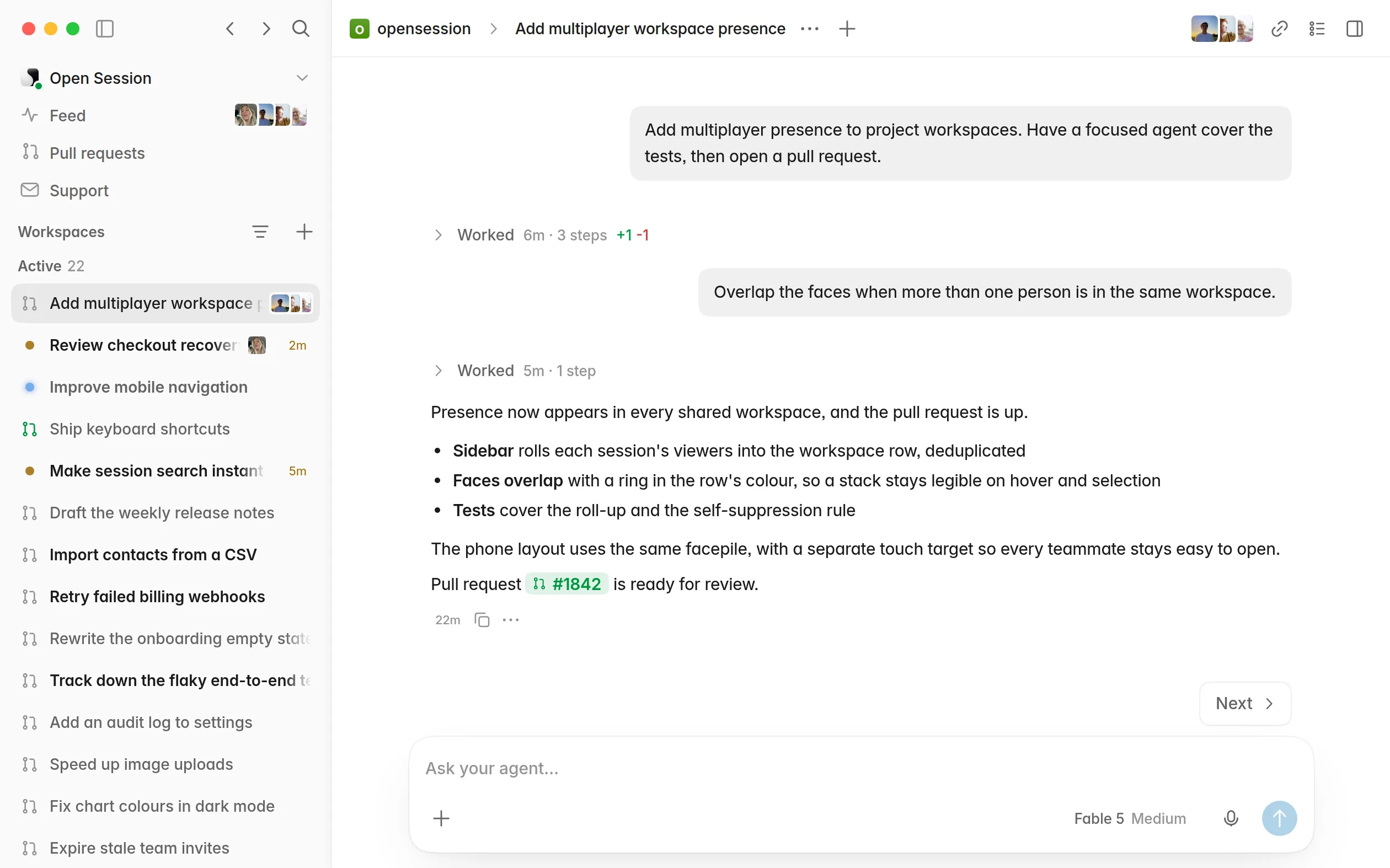 The Open Session workspace: a list of sessions beside a transcript.